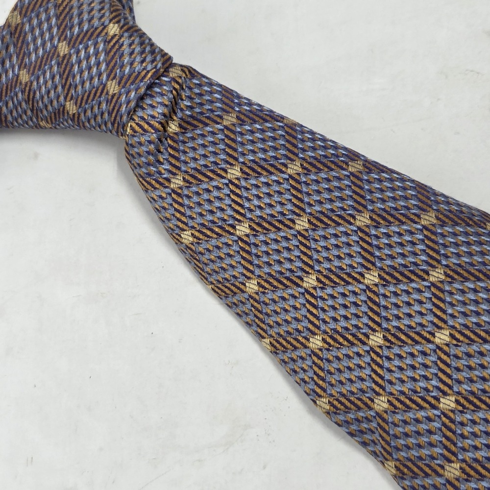 Paul Fredrick Mens Tie Silk Purple Gold Blue Geometric Handmade Italy